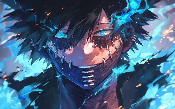 A vibrant HD wallpaper featuring Dabi from My Hero Academia, showcasing his striking blue flames and intricate facial scars, capturing the intensity and depth of the character.