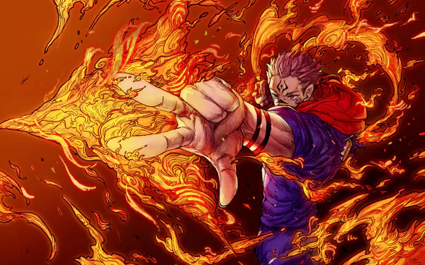 HD desktop wallpaper of Sukuna from Jujutsu Kaisen, surrounded by flaming energy. The anime character is depicted in a dynamic pose, creating a vibrant and intense background.