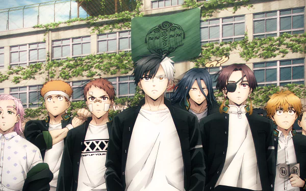 Anime-style 4K Ultra HD Wind Breaker PC wallpaper featuring a group of seven diverse characters standing in front of a school building with a green flag overhead.
