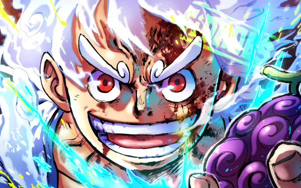 Vibrant 4K Ultra HD anime wallpaper featuring Monkey D. Luffy in Gear 5 from One Piece, showcasing intense energy and dynamic expression.