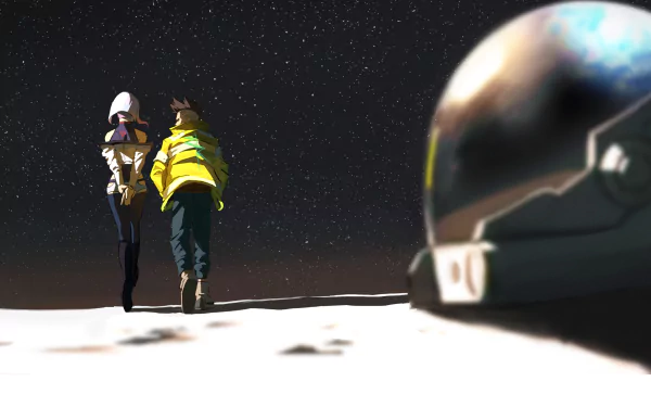 A HD wallpaper featuring David and Lucy from Cyberpunk: Edgerunners walking in a futuristic, starry landscape with a helmet in the foreground.