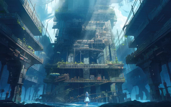 AI art in anime style depicting a vast, detailed, original sci-fi structure with lush greenery, rendered in stunning 8K Ultra HD for a PC desktop background.