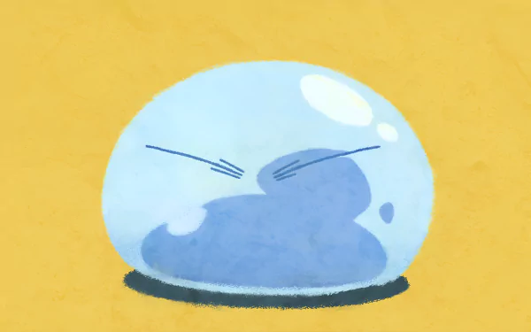 4K Ultra HD anime desktop wallpaper featuring Rimuru Tempest from That Time I Got Reincarnated as a Slime, depicted as a translucent blue slime against a yellow background.