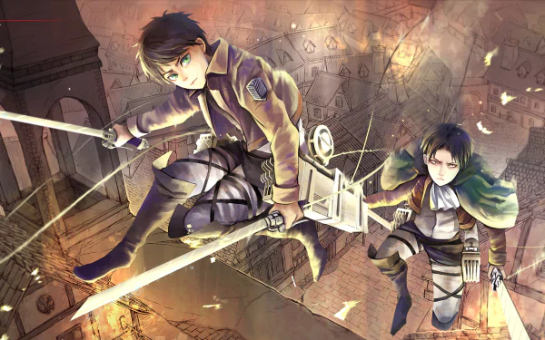 HD desktop wallpaper featuring Levi Ackerman and Eren Yeager from the anime Attack on Titan, depicted in action poses with their gear amidst a dramatic background.