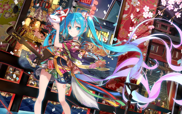 HD wallpaper featuring Hatsune Miku from Vocaloid in an anime style, wearing a colorful kimono, amidst a traditional Japanese festival background.
