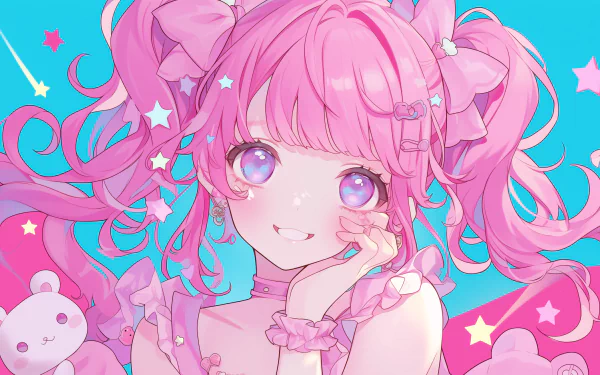 Cute anime girl with pink hair in HD desktop wallpaper with sparkling stars and soft blue background.