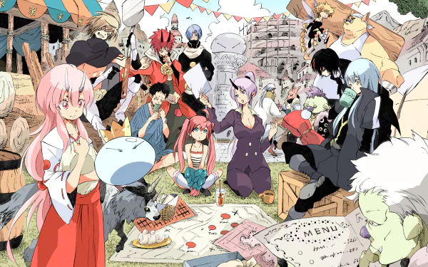 HD desktop wallpaper featuring characters from That Time I Got Reincarnated as a Slime, including Gobuta, Benimaru, Souei, Hakurou, Milim Nava, Shion, and Rimuru Tempest, enjoying a lively outdoor festival.