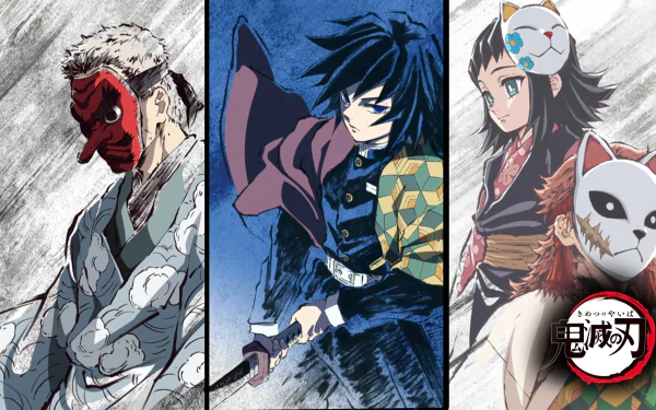 HD desktop wallpaper featuring Makomo, Sabito, Giyuu Tomioka, and Sakonji Urokodaki from Demon Slayer: Kimetsu no Yaiba. The image showcases these characters in vibrant anime art style.
