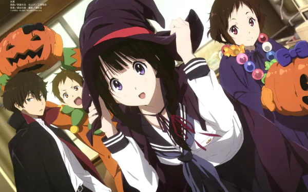 A HD desktop wallpaper featuring anime characters Satoshi Fukube, Mayaka Ibara, Hōtarō Oreki, and Eru Chitanda from Hyouka, dressed in Halloween costumes and holding pumpkin decorations.