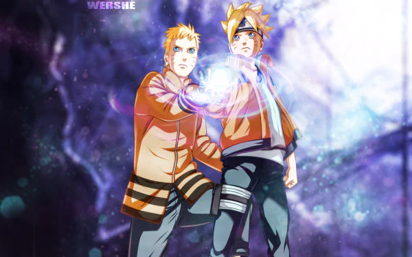 HD desktop wallpaper featuring Boruto Uzumaki and Naruto Uzumaki from the anime Boruto: Naruto the Movie. The image showcases the characters in a dynamic pose with a mystical background.