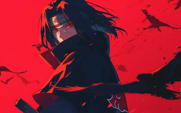 HD desktop wallpaper featuring a stylized image of the anime character Itachi Uchiha from Naruto, with a red background. He is depicted with his Sharingan eye activated, wearing the traditional Akatsuki cloak.