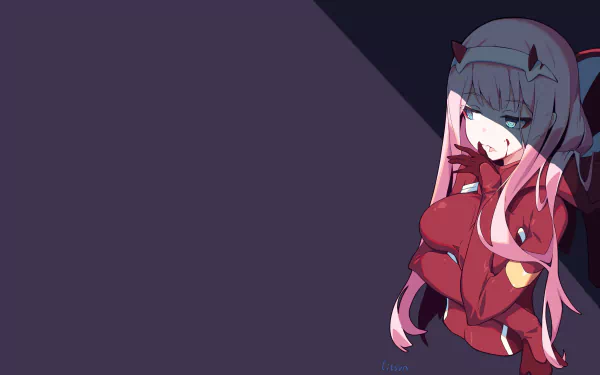 HD desktop wallpaper featuring Zero Two from the anime Darling in the FranXX, showcasing her in her red pilot suit with a dark background on the left side.