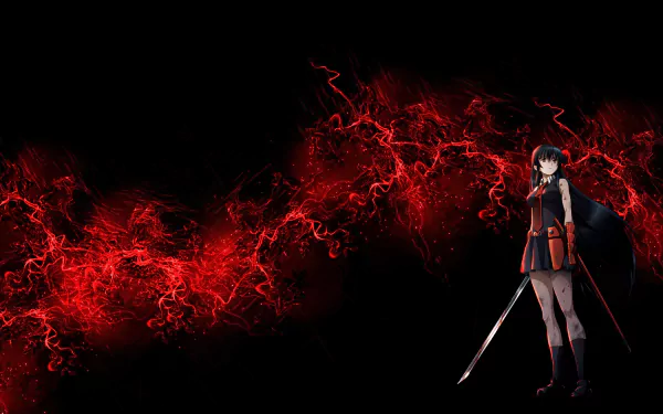 HD desktop wallpaper featuring Akame from Akame ga Kill!, standing confidently with a sword. A visually striking red and black background enhances the dark anime aesthetic.