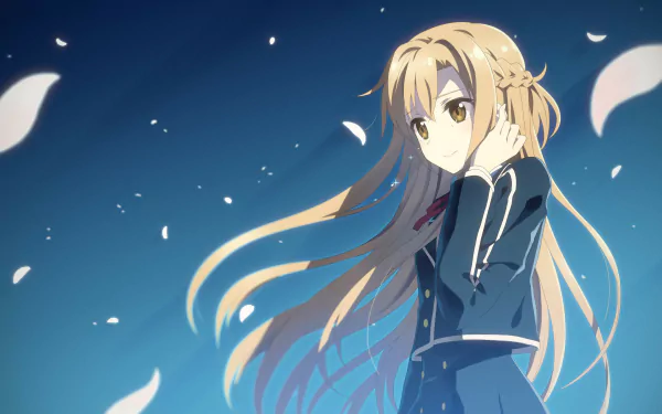 HD wallpaper featuring Asuna Yuuki from Sword Art Online II in a school uniform, with long blonde hair, set against a backdrop of falling petals.