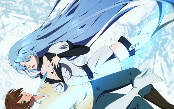 HD wallpaper featuring Tatsumi and Esdeath from the anime Akame ga Kill!. Esdeath holds Tatsumi against a snowy background with her long blue hair flowing dramatically.
