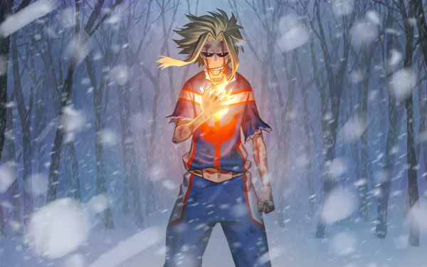 Anime character Toshinori Yagi (All Might) from My Hero Academia stands in a snowy forest, his hand glowing with fire. HD desktop wallpaper showing power and determination in a wintry setting.