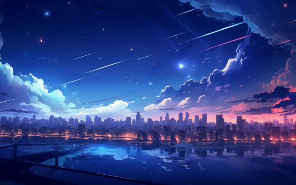 Anime-style cityscape at dusk with a glowing skyline, vibrant clouds, and streaks of light in the sky, presented in stunning 4K Ultra HD for a PC desktop background.