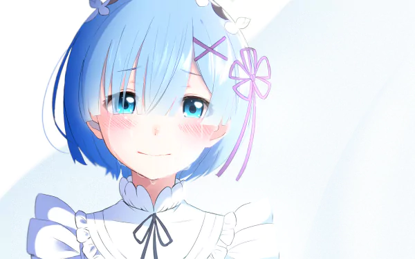 This HD desktop wallpaper features Rem from Re:Zero - Starting Life in Another World with blue hair, aqua eyes, and a blush. She appears tearful and wears a white outfit adorned with purple accessories.