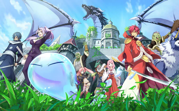 HD desktop wallpaper featuring key characters from That Time I Got Reincarnated as a Slime anime, set in a vibrant, green landscape.