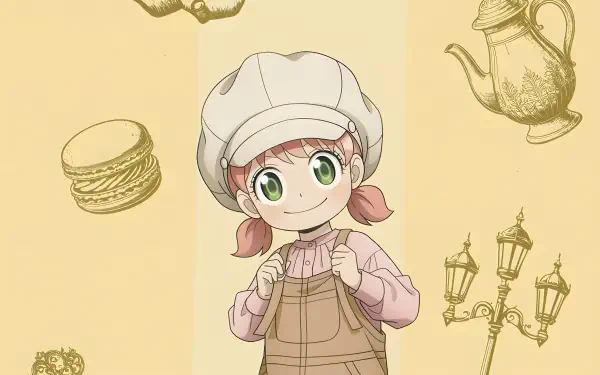 Anya Forger from Spy x Family is depicted in a 4K Ultra HD anime wallpaper, featuring soft pastel tones with floating objects like macarons and antique street lamps.