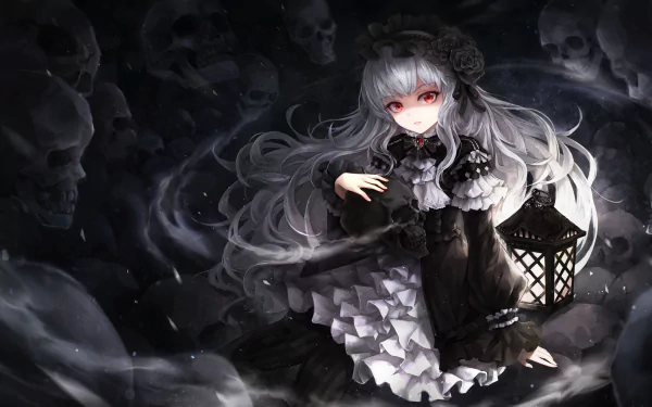 A gothic anime character with red eyes, grey hair, and a headband holds a lantern amid swirling skulls. She wears a dark dress with a bow, exuding a dark and mysterious aura. HD desktop wallpaper.
