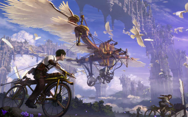 An original anime HD wallpaper featuring a cyclist in a fantastical landscape, with a flying machine and birds soaring amidst grand, ethereal structures and clouds.