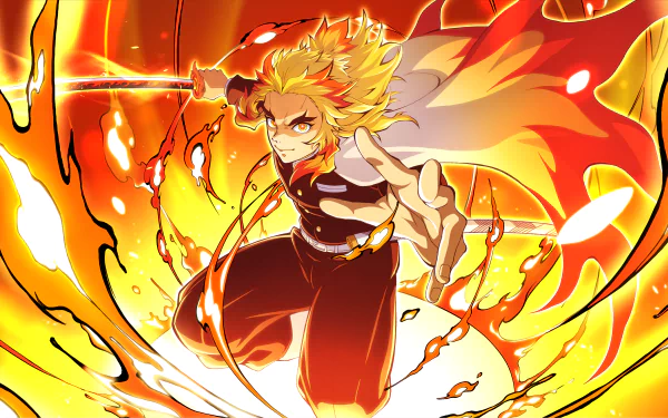 HD desktop wallpaper featuring Kyojuro Rengoku from the anime Demon Slayer: Kimetsu no Yaiba, depicted in an intense action scene surrounded by vibrant flames.