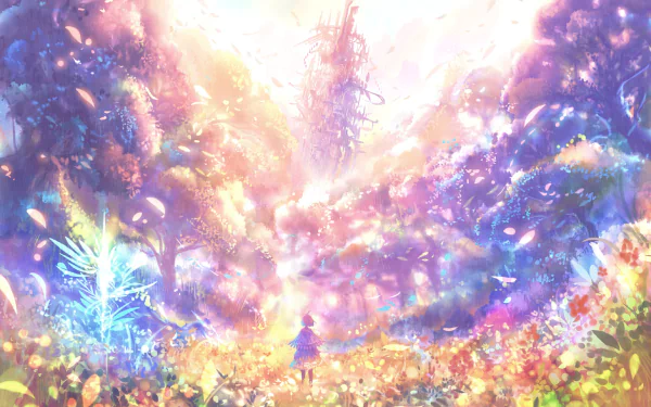 HD desktop wallpaper featuring vivid, colorful anime art. A serene, mystical forest bathes in a dreamy glow, with a lone figure in the center surrounded by lush trees and ethereal light.