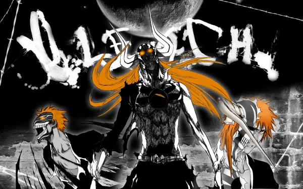 HD desktop wallpaper featuring Ichigo Kurosaki from the anime Bleach in a dynamic, dark-themed setting with striking orange accents.