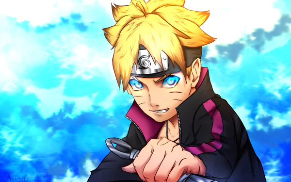 HD wallpaper featuring Boruto Uzumaki from the anime Boruto, showing him dressed in his signature outfit with a determined expression against a vibrant blue sky background.
