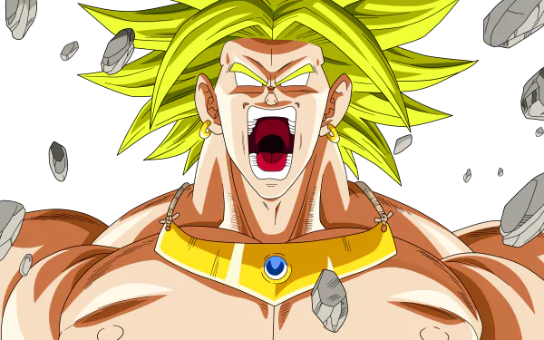 HD desktop wallpaper featuring Broly from Dragon Ball Z. The image showcases an intense, action-packed moment with Broly roaring against a black background, surrounded by floating debris.