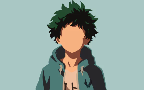 HD desktop wallpaper featuring an illustration of Izuku Midoriya from the anime My Hero Academia, shown faceless with his distinctive green hair and green hoodie against a light blue background.