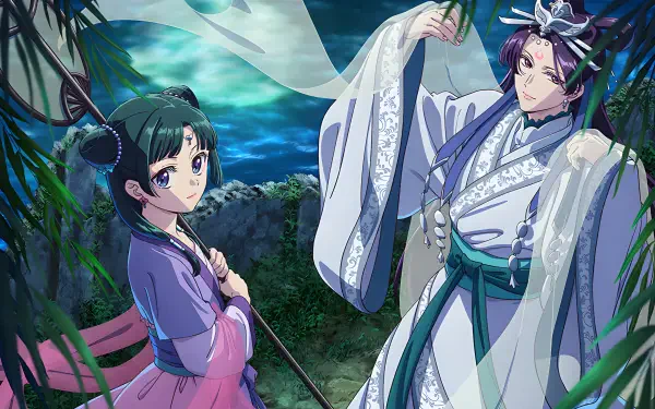 HD anime desktop wallpaper featuring Maomao and Jinshi from The Apothecary Diaries, set against a serene moonlit night with lush greenery.