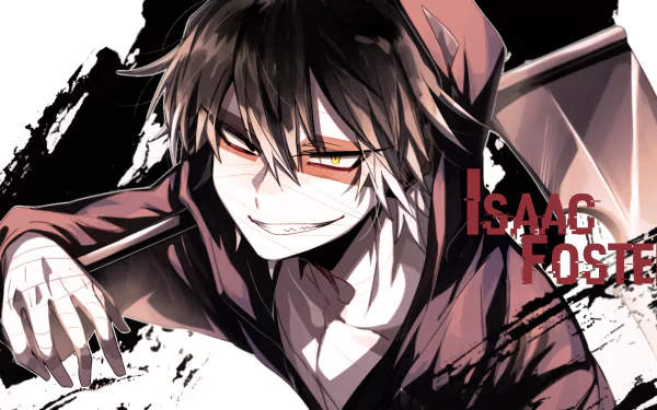 HD desktop wallpaper featuring Zack from Satsuriku no Tenshi ('Angels of Death'), with striking yellow eyes and black hair, holding a weapon. The name Isaac Foster appears on the right.