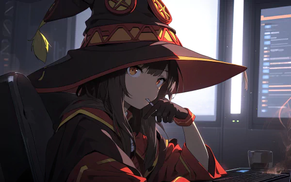 Anime-style 8K Ultra HD desktop wallpaper featuring Megumin from KonoSuba – God’s blessing on this wonderful world!!, sitting thoughtfully in a dimly lit room.