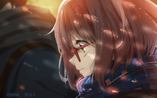 HD desktop wallpaper featuring Mirai Kuriyama from the anime Kyoukai no Kanata (Beyond the Boundary). She is shown in profile with her distinctive red glasses and scarf, illuminated by a warm light.
