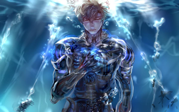 HD desktop wallpaper of Genos from One-Punch Man, depicted in a detailed underwater scene with a glowing core, showcasing the anime's distinct style.