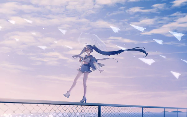 Hatsune Miku from Vocaloid stands gracefully on a fence under a pastel sky with floating paper planes in this 8K Ultra HD anime desktop wallpaper.