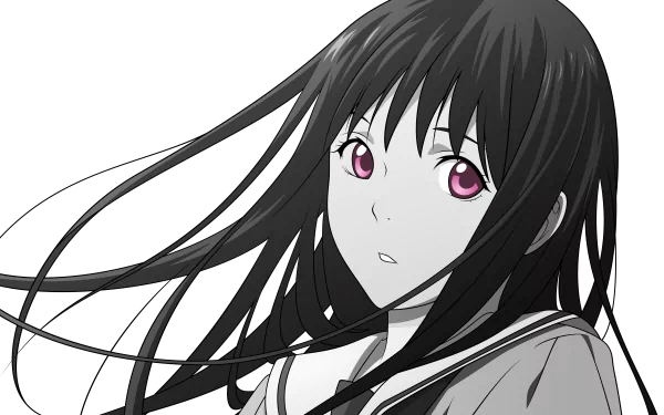 HD desktop wallpaper featuring the anime character Hiyori Iki from Noragami, showcasing her with pink eyes and flowing black hair against a dark background.