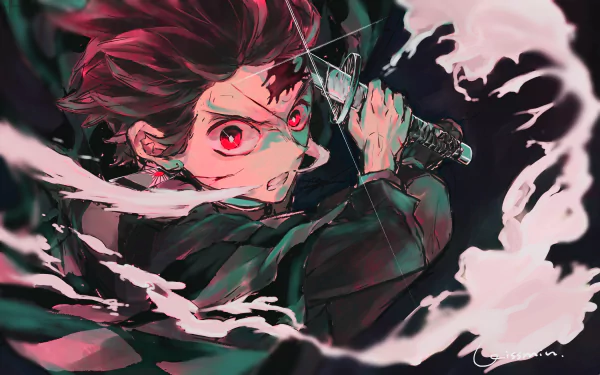 HD desktop wallpaper featuring Tanjiro Kamado from Demon Slayer: Kimetsu no Yaiba performing the Hinokami Kagura dance, surrounded by swirling mist and embers.