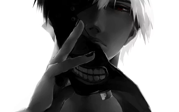 HD desktop wallpaper featuring Ken Kaneki from Tokyo Ghoul, depicted in a dramatic black and white close-up, touching his chin with a finger.