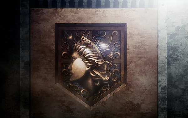 HD desktop wallpaper of an intricate emblem from the anime Attack on Titan displayed on a stone wall background.