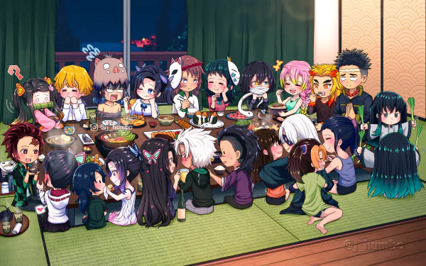 A vibrant 4K Ultra HD wallpaper featuring characters from Demon Slayer: Kimetsu no Yaiba gathered around a table, enjoying a festive meal together in a cozy setting.