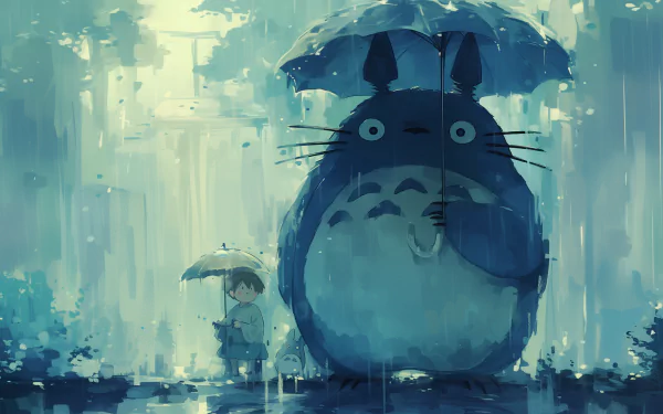 HD anime wallpaper featuring a scene from My Neighbor Totoro with Totoro and Satsuki standing in the rain with umbrellas.