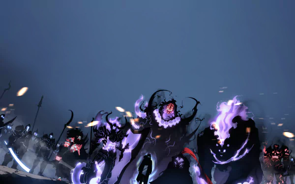 HD desktop wallpaper featuring Sung Jin-Woo from Solo Leveling, surrounded by dark, mystical creatures in a dramatic battle scene.