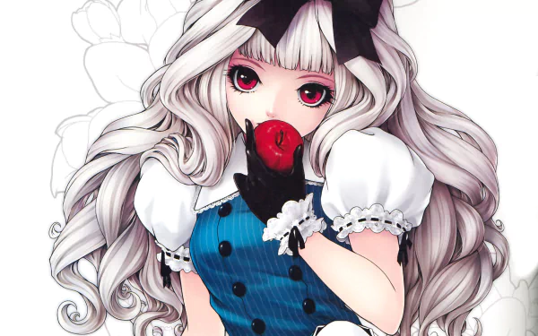 HD desktop wallpaper featuring an anime girl with white hair, dressed in blue with a large black bow, holding a red apple.