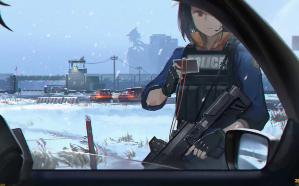 An HD anime artwork of a police officer holding a badge and a firearm in a snowy setting, viewed from inside a car. This original anime wallpaper doubles as a striking desktop background.