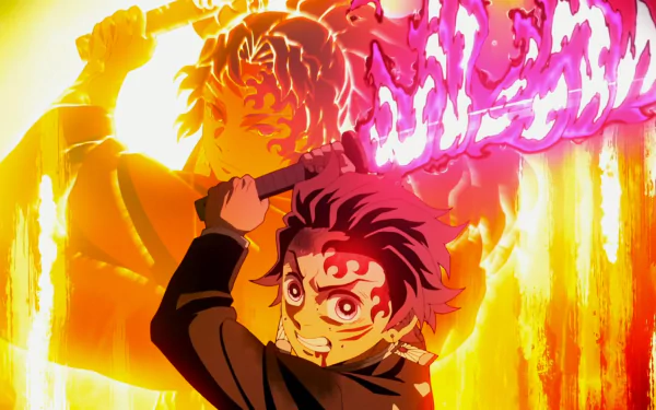 HD PC desktop wallpaper featuring vibrant anime art from Demon Slayer: Kimetsu no Yaiba, showcasing intense characters with fiery effects.