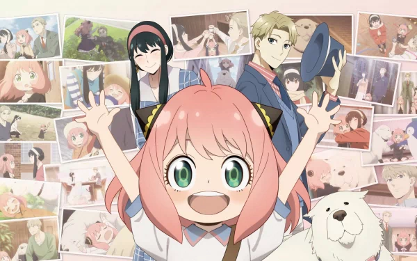 Anime-style 4K Ultra HD wallpaper featuring Yor Forger, Anya Forger, Loid Forger, and Bond from Spy x Family in a vibrant family collage background.