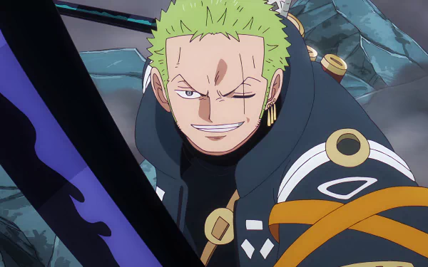 Roronoa Zoro from the anime One Piece in a dynamic pose, rendered in vibrant 4K Ultra HD detail for a striking PC desktop wallpaper.